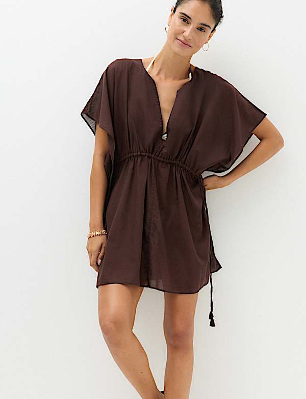 Pure Cotton Tie Detail Mini Kaftan Dress