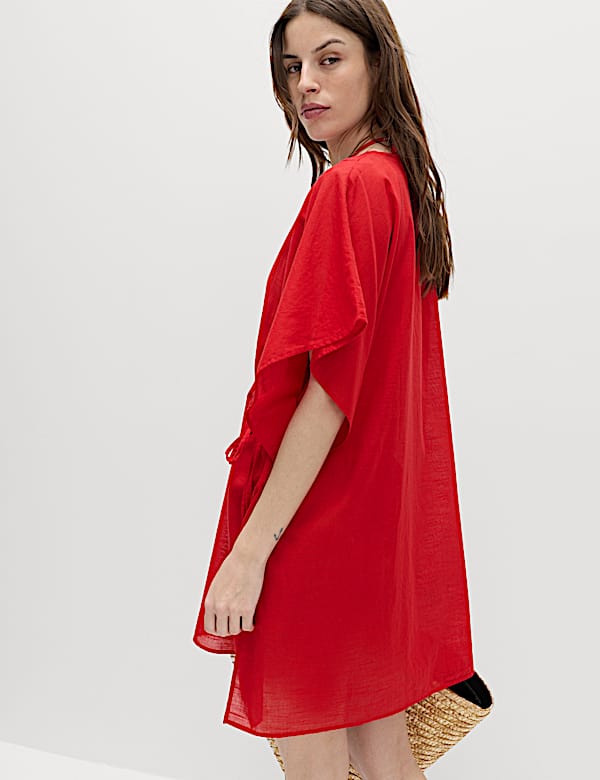 Pure Cotton Tie Detail Mini Kaftan Dress - GR