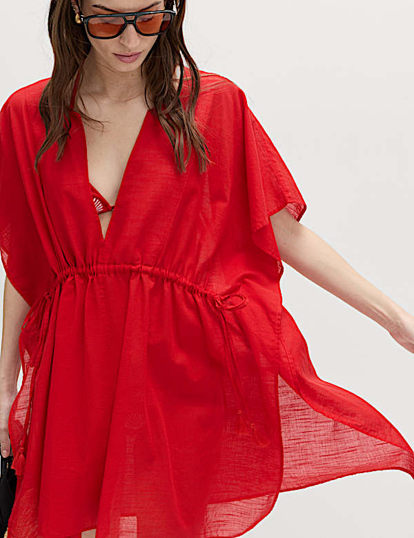 Pure Cotton Tie Detail Mini Kaftan Dress - GR
