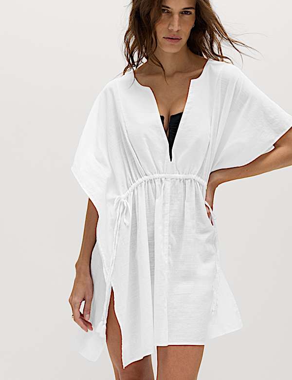 Pure Cotton Tie Detail Mini Kaftan Dress