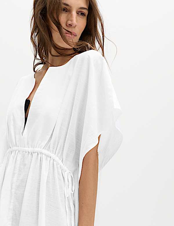 Pure Cotton Tie Detail Mini Kaftan Dress