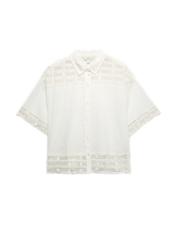 Pure Cotton Lace Insert Short Sleeve Shirt
