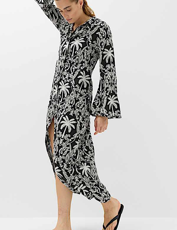 Linen Lyocell Blend Printed Midi Shirt Dress