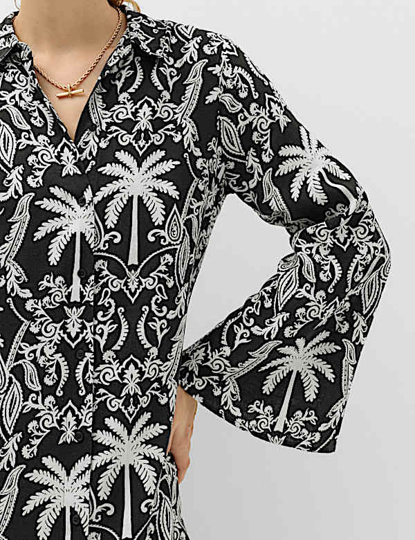 Linen Lyocell Blend Printed Midi Shirt Dress