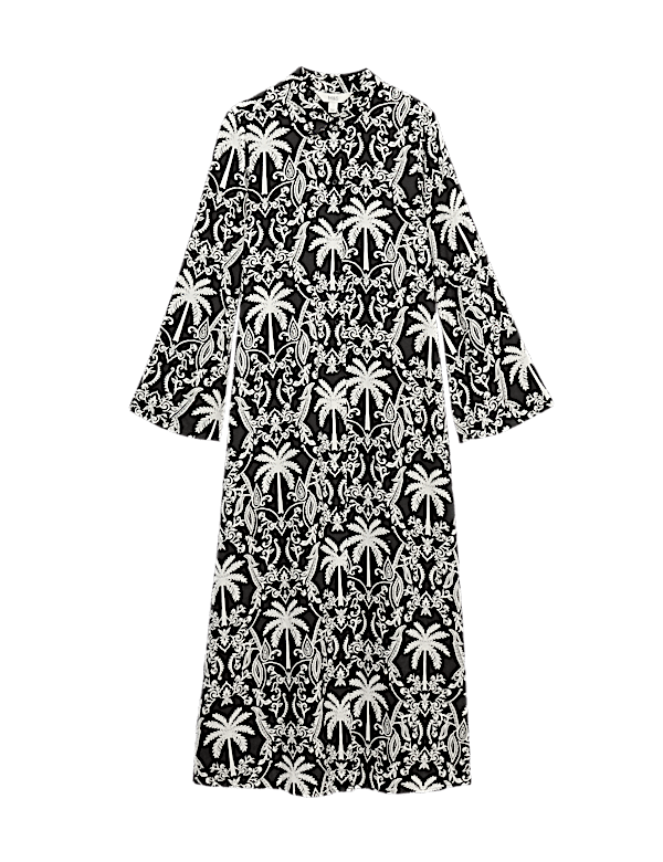 Linen Lyocell Blend Printed Midi Shirt Dress