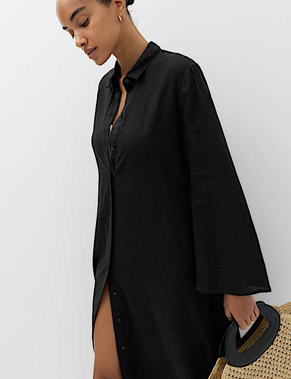 Linen Rich Palm Tree Collared Midi Shirt Dress