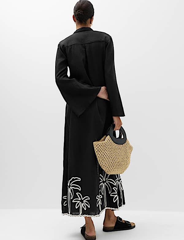 Linen Rich Palm Tree Collared Midi Shirt Dress