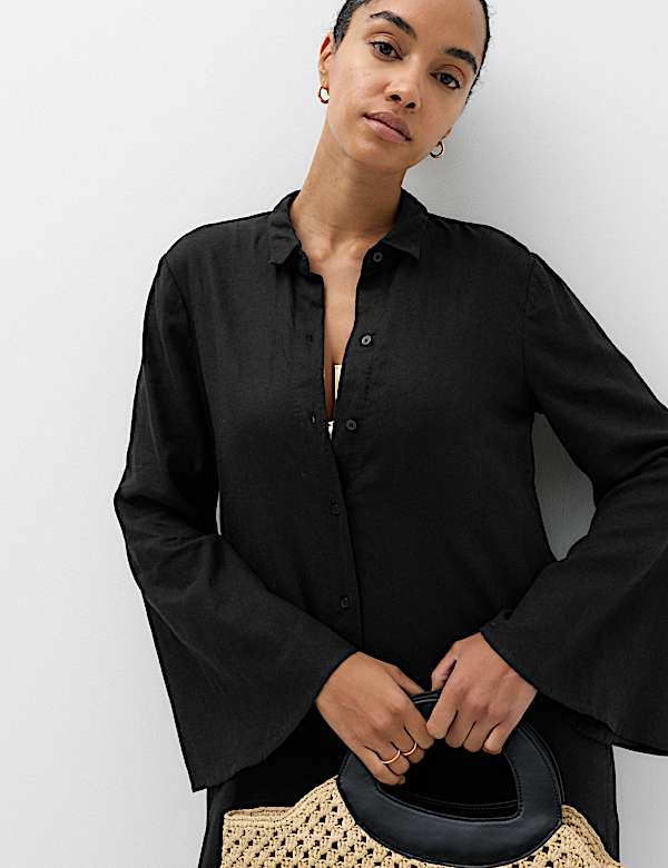 Linen Rich Palm Tree Collared Midi Shirt Dress