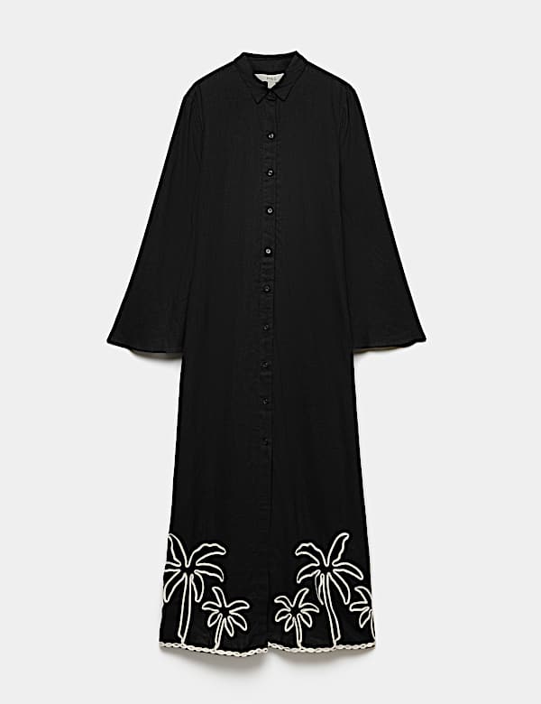 Linen Rich Palm Tree Collared Midi Shirt Dress