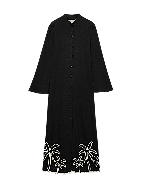 Linen Rich Palm Tree Collared Midi Shirt Dress