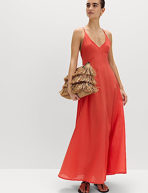 m&s beach dresses Pure Cotton Strappy V-Neck Maxi Dress | RASPBERRY | Color::#32-Sage Green Style_Evening Wear Two Chic Ways to this dress is ideal