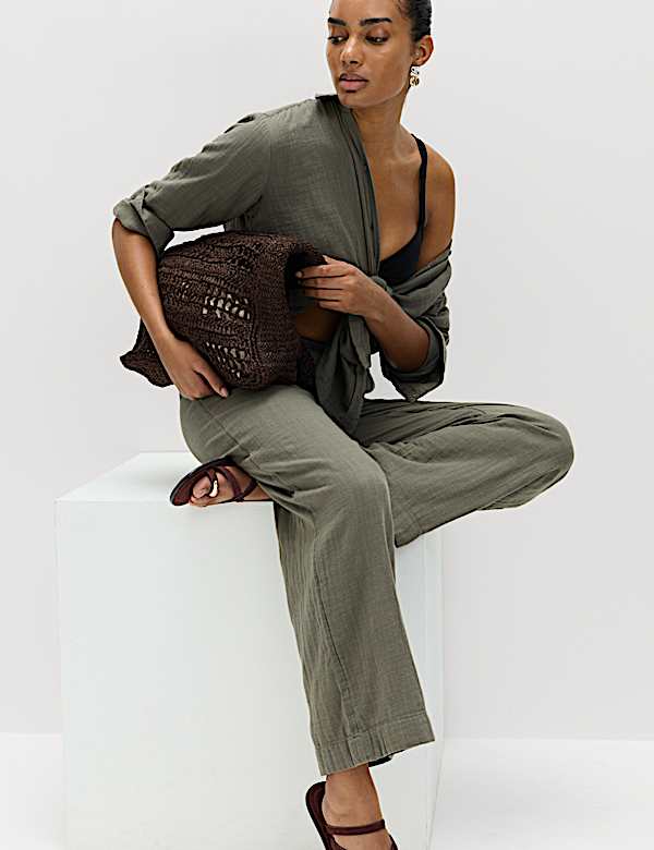 Pantalon de plage 100 % coton &agrave; cordon - FR