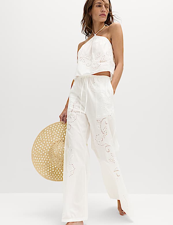 Pure Cotton Textured Broderie Beach Trousers