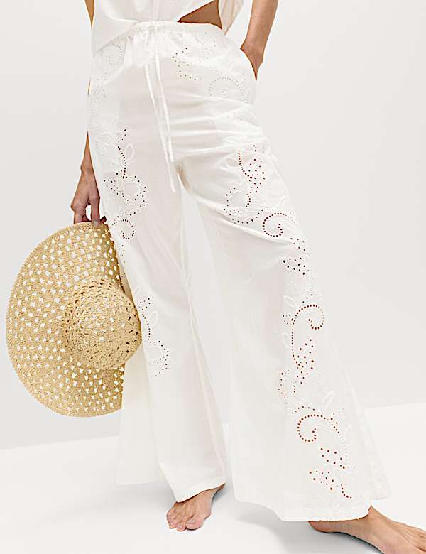 Pure Cotton Textured Broderie Beach Trousers