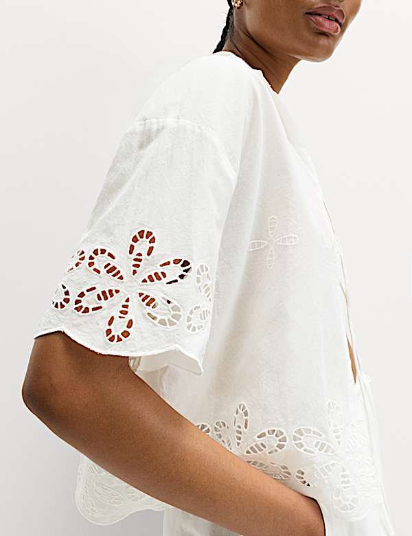 Pure Cotton Broderie Tie Front Beach Shirt