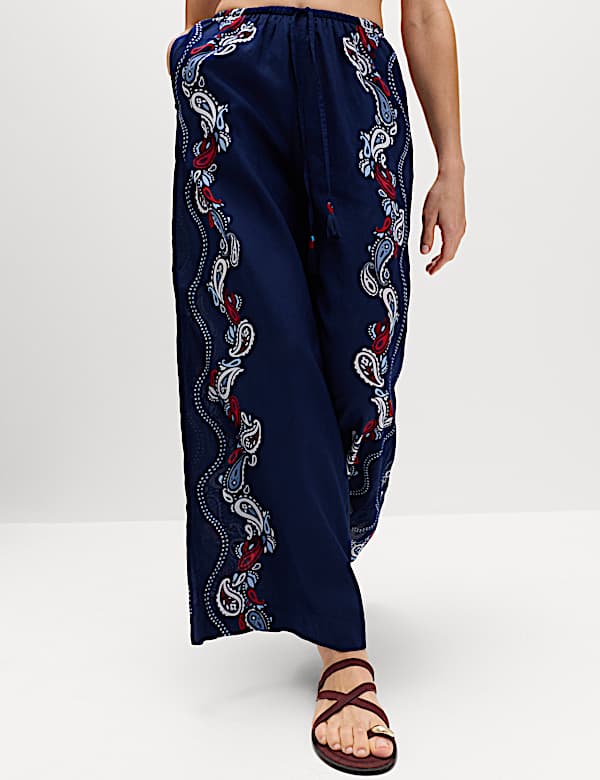 Pure Cotton Printed Drawstring Wide Leg Beach Trousers - BG