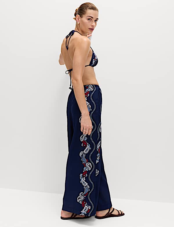 Pure Cotton Printed Drawstring Wide Leg Beach Trousers - BG