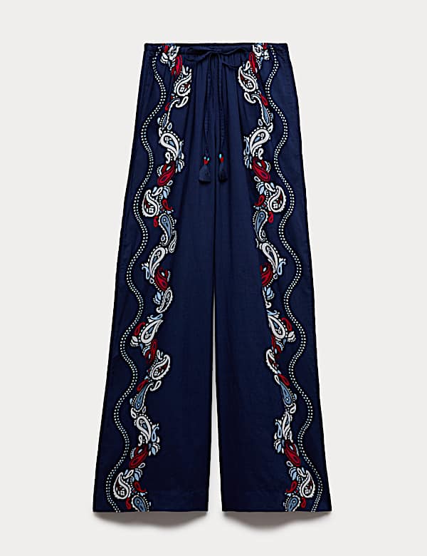 Pure Cotton Printed Drawstring Wide Leg Beach Trousers