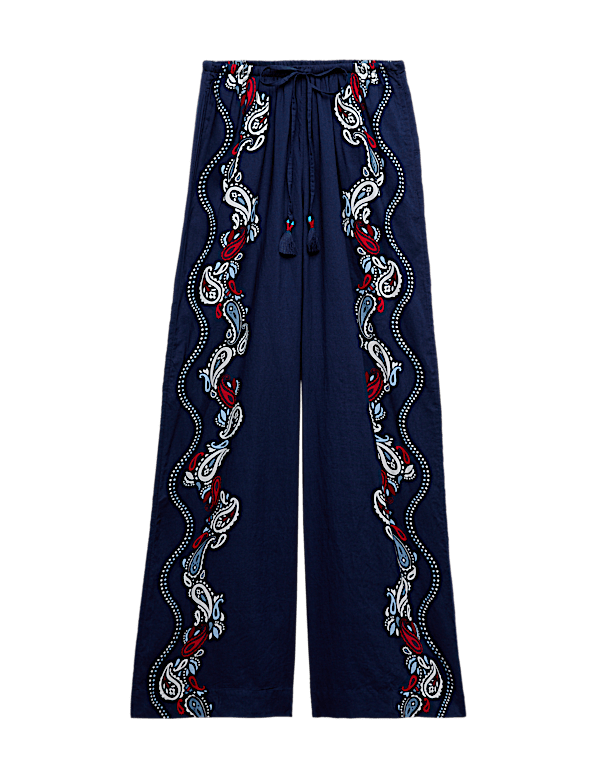 Pure Cotton Printed Drawstring Wide Leg Beach Trousers