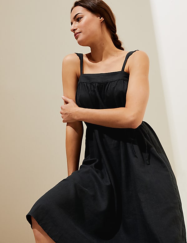 Linen Rich Square Neck Midi Shift Dress