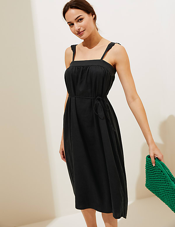 Linen Rich Square Neck Midi Shift Dress