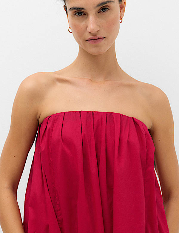 Zuiver katoenen strapless maxi-strandjurk met volume - BE