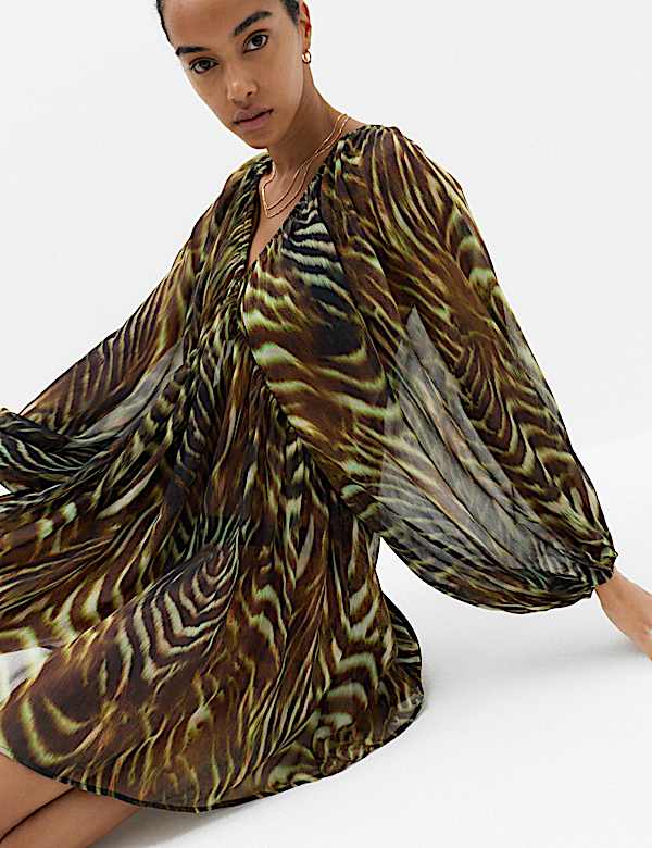 Animal Print Balloon Sleeve Mini Beach Dress - CN