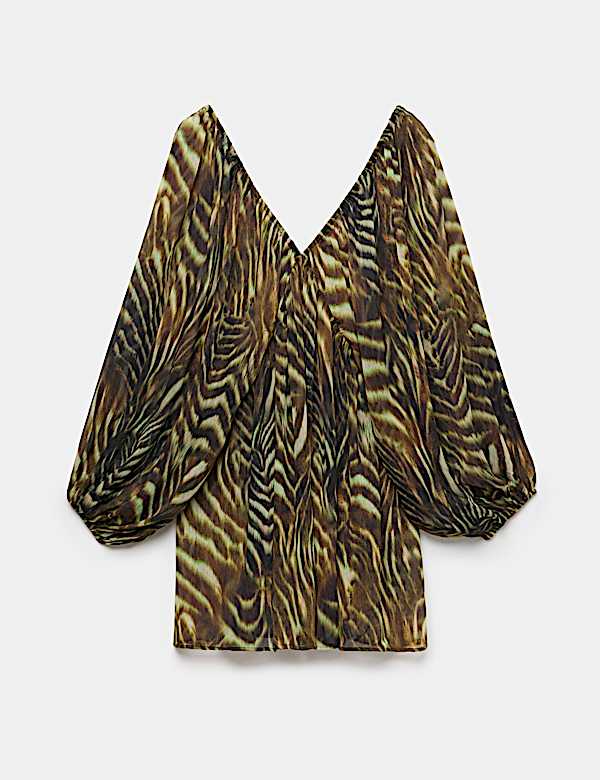 Animal Print Balloon Sleeve Mini Beach Dress - CN