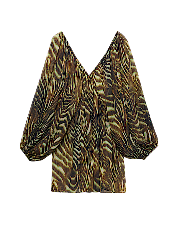 Animal Print Balloon Sleeve Mini Beach Dress