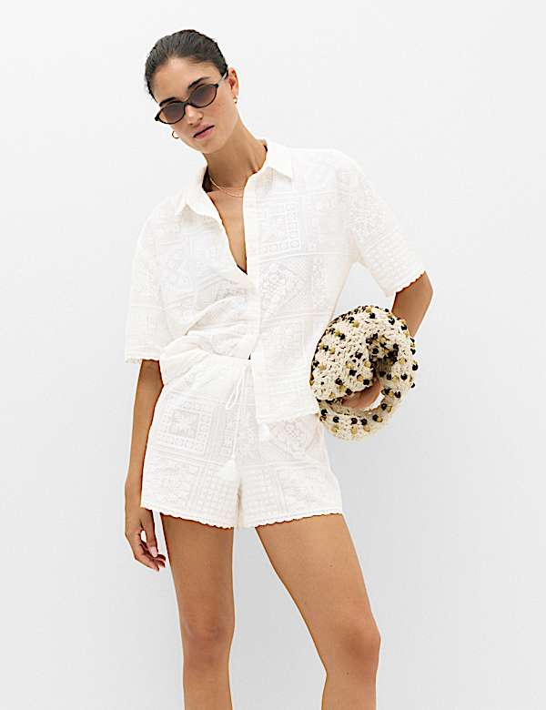 Cotton Rich Textured Collared Beach Cover Up Shirt - MV