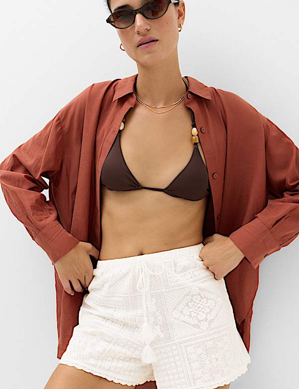 Cotton Rich Textured High Waisted Beach Shorts - CA