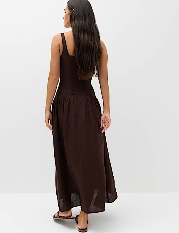 Pure Linen Scoop Neck Waisted Midaxi Dress - UA
