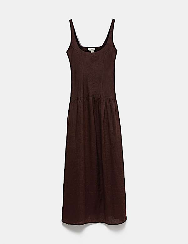 Pure Linen Scoop Neck Waisted Midaxi Dress - UA