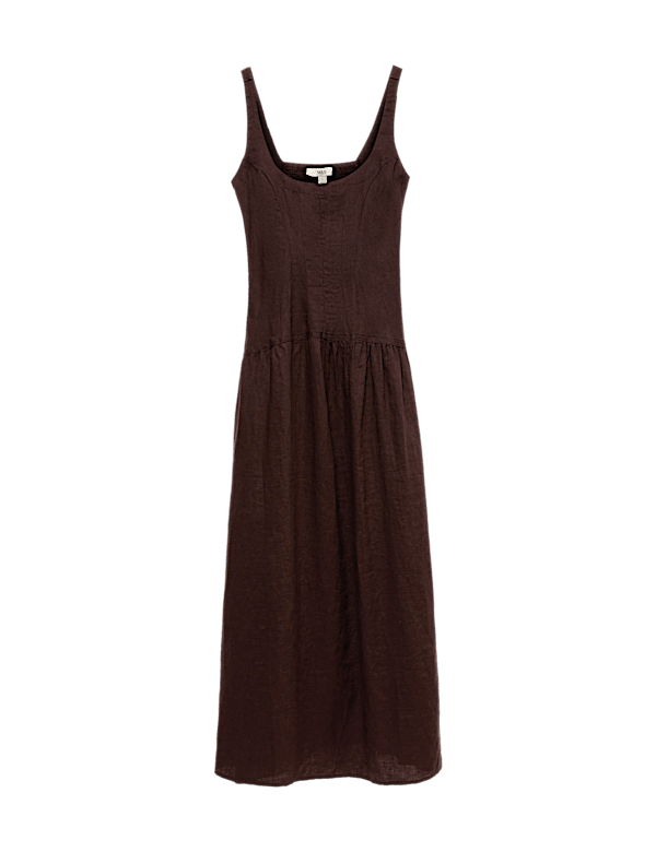 Pure Linen Scoop Neck Waisted Midaxi Dress