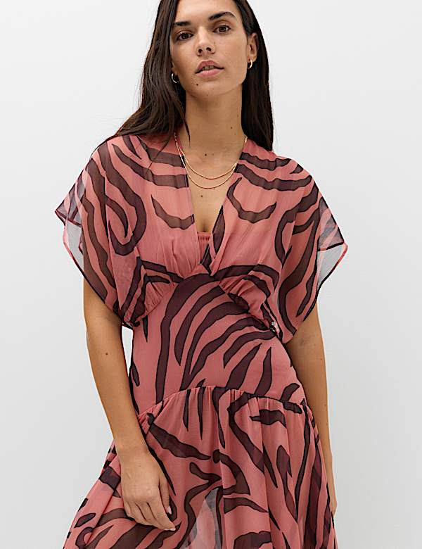 Sheer Animal Print V Neck Midi Beach Dress - UA