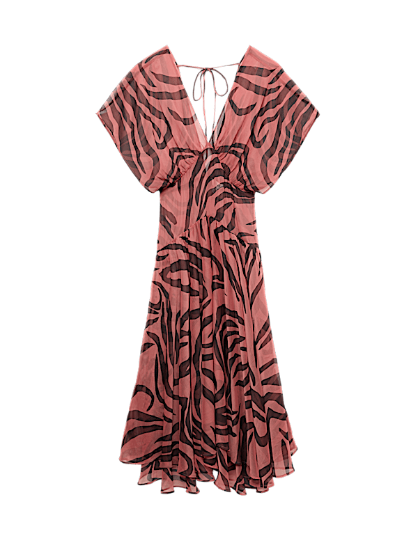 Sheer Animal Print V Neck Midi Beach Dress