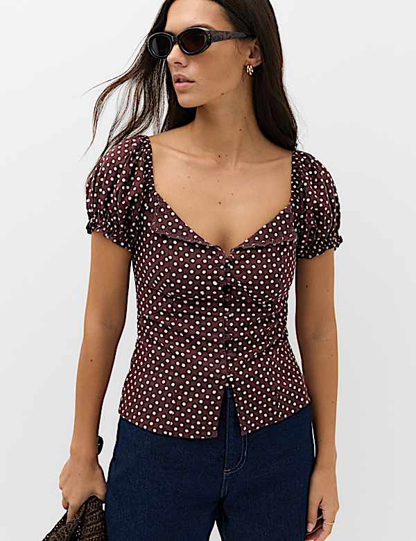 Linen Rich Polka Dot Square Neck Top