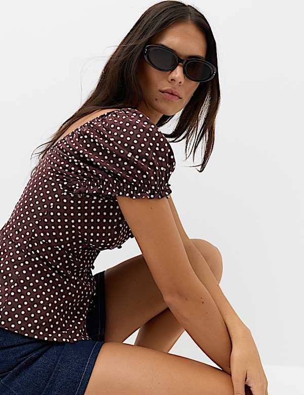 Linen Rich Polka Dot Square Neck Top - UA