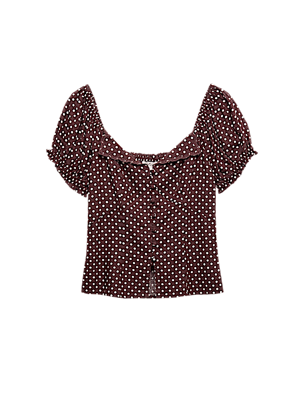 Linen Rich Polka Dot Square Neck Top