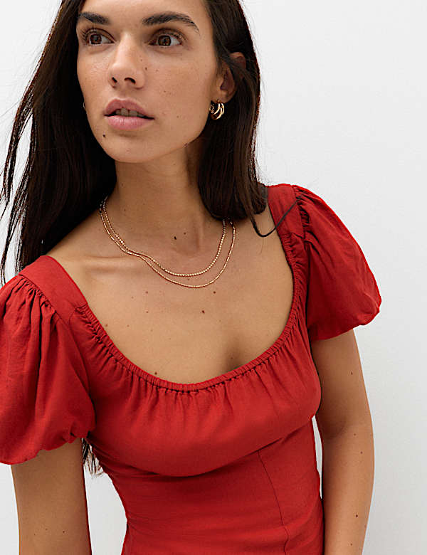 Linen Blend Square Neck Puff Sleeve Mini Dress - JE