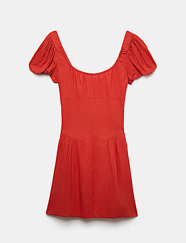 Linen Blend Square Neck Puff Sleeve Mini Dress - JE