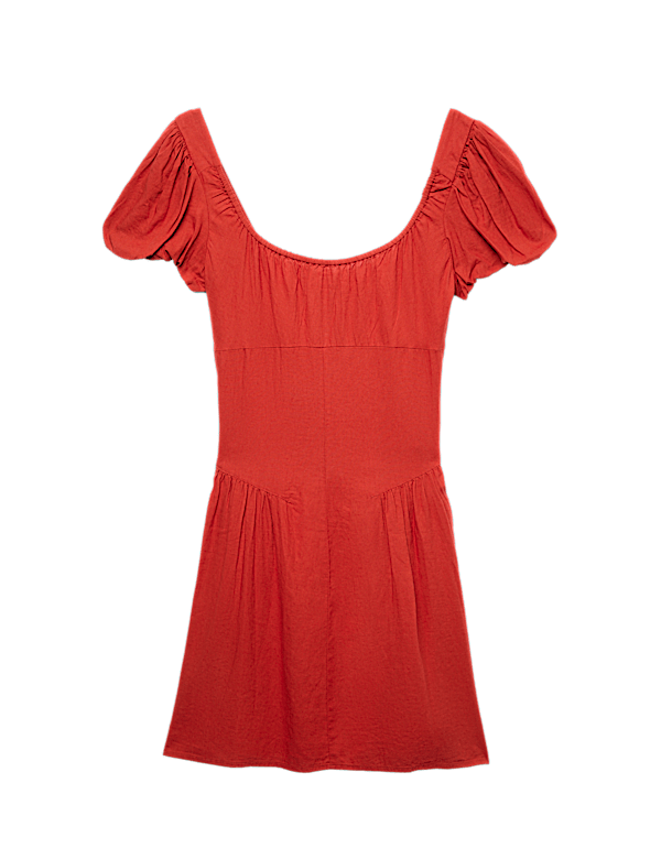 Linen Blend Square Neck Puff Sleeve Mini Dress