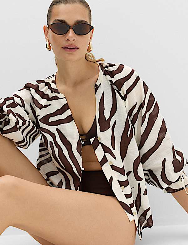 Pure Cotton Animal Print Beach Cover Up Shirt