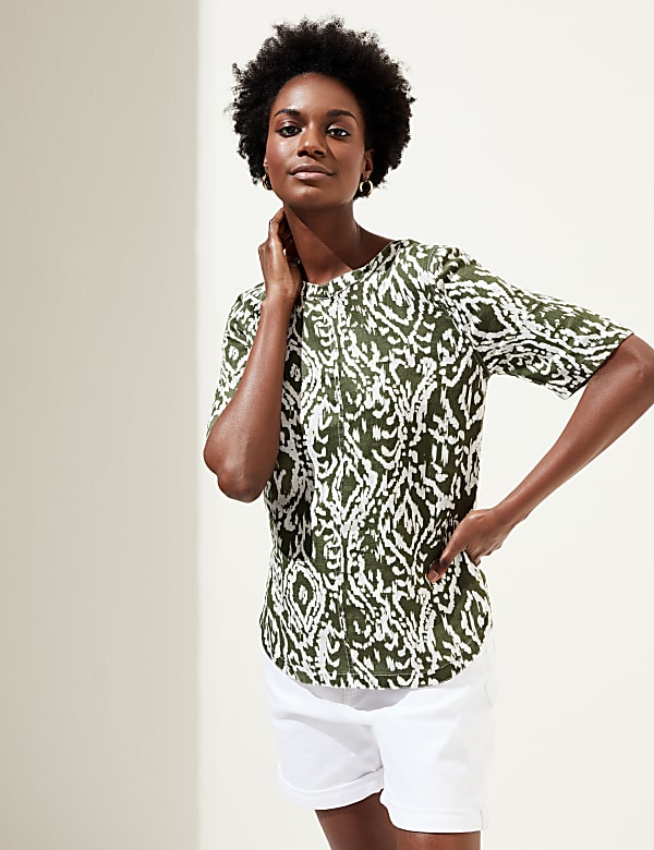 Pure Linen Printed Round Neck T-Shirt