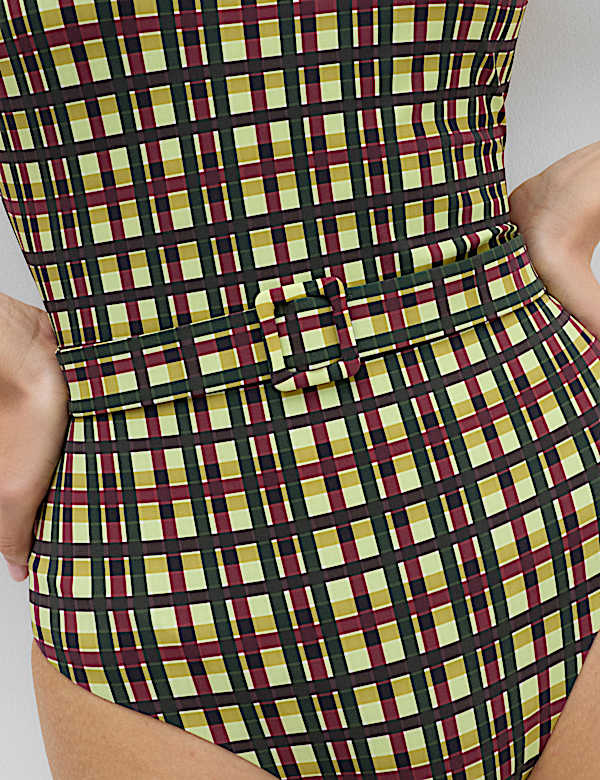 Printed Padded Belted Square Neck Swimsuit - CN