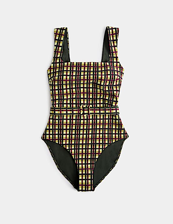 Printed Padded Belted Square Neck Swimsuit - CN