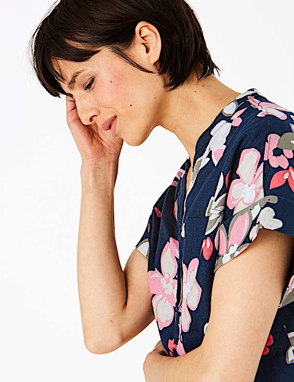 Pure Linen Floral V-Neck Blouse