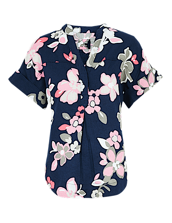 Pure Linen Floral V-Neck Blouse
