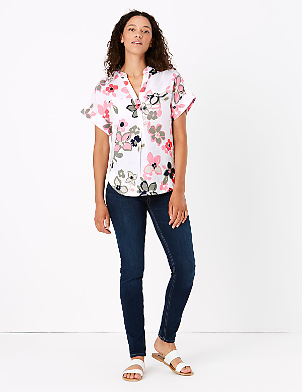 Pure Linen Floral V-Neck Blouse