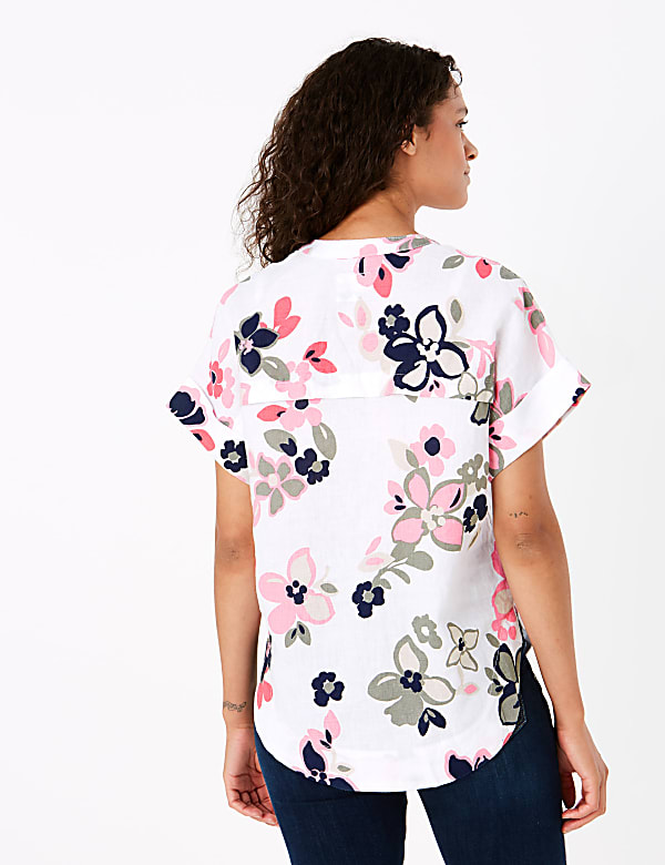 Pure Linen Floral V-Neck Blouse